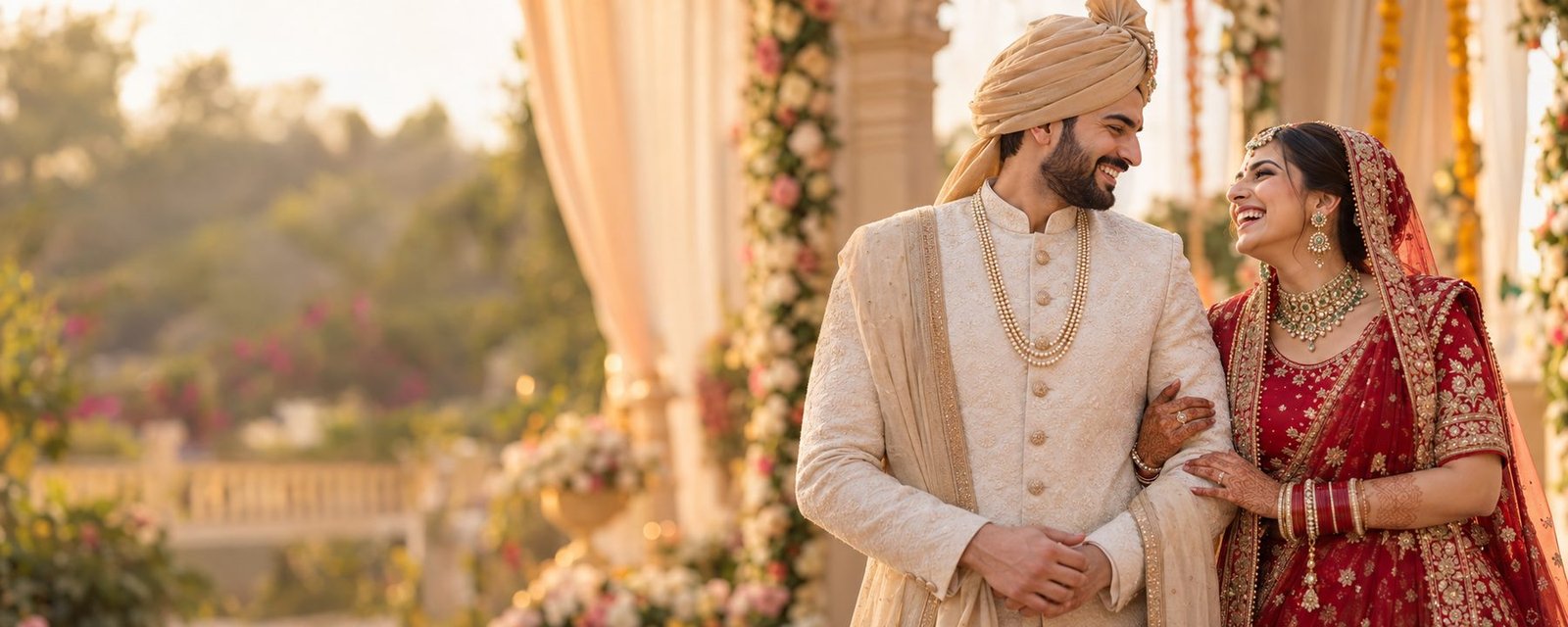 A smiling Jat bride and groom at their wedding